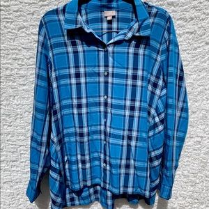 J. JILL Sz L Blue Plaid Button Down Blouse
